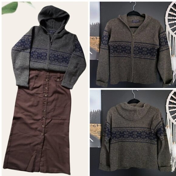 VINTAGE 100% WOOL KAKI & NAVY Zipper Hoodie Knit - Picture 5 of 8